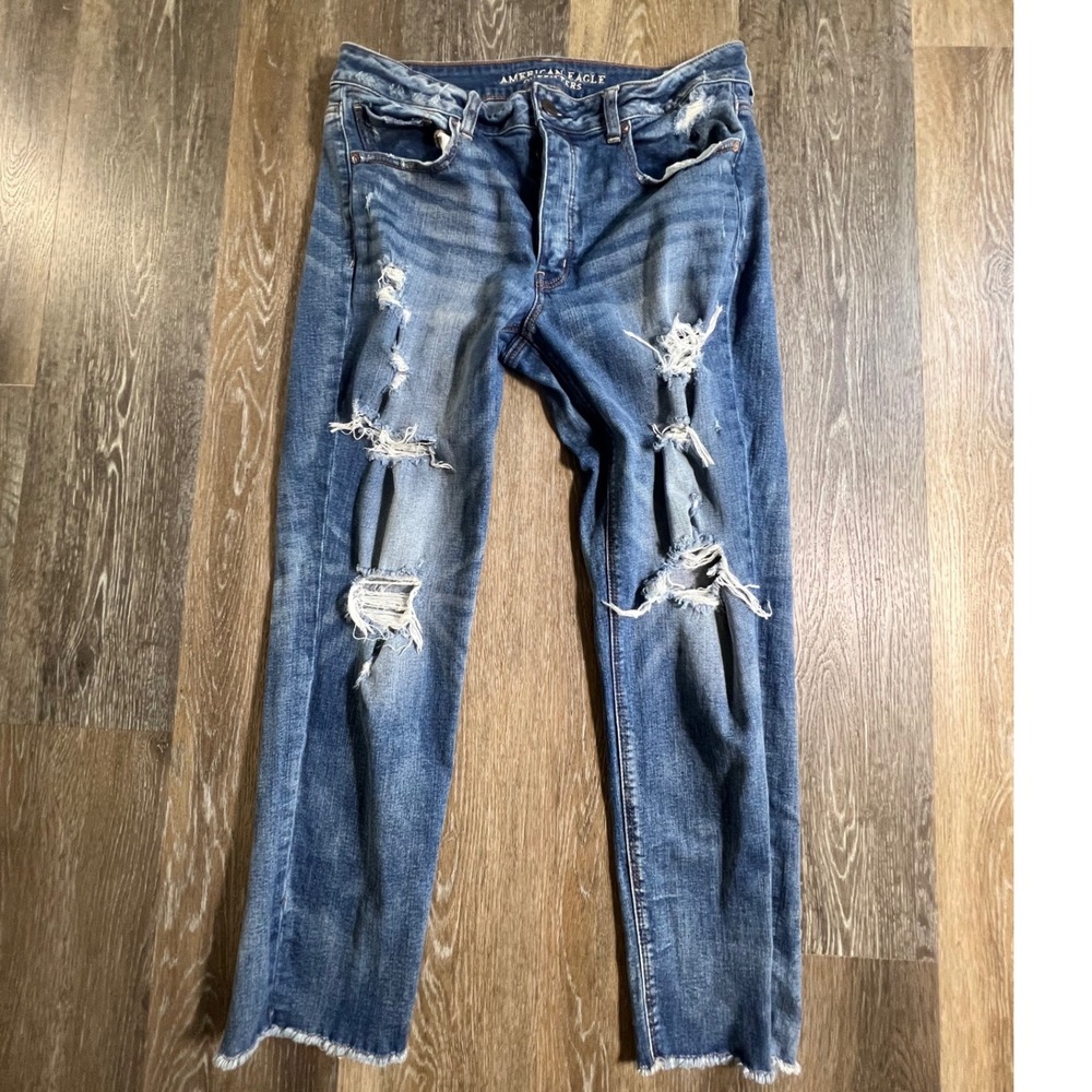 American Eagle Tomgirl Jeans Womens 12 Blue Distressed Raw Hem Stretch Denim